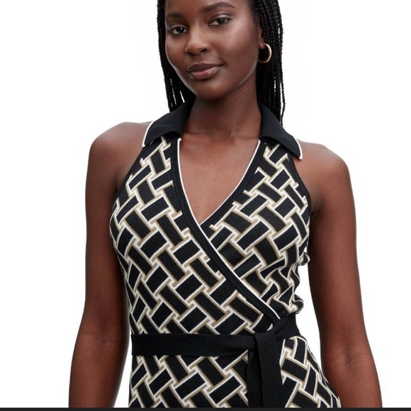 Women's Collared Sleeveless Vintage Weave Neutral Sweaterknit Midi Wrap Dress - Picture 5 of 10